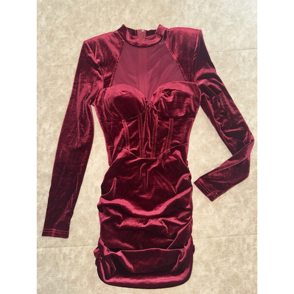Privy Women's Long Sleeve Deep Plunge Wone Velvet Dress Ruched Small S